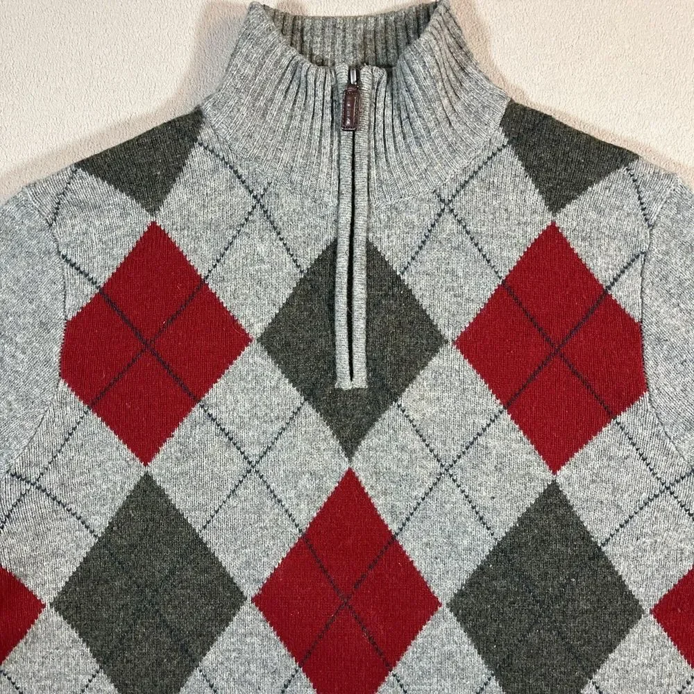 J.Crew Wool Sweater Mens M Quarter Zip Argyle Diamond Knit Grey Red Cozy